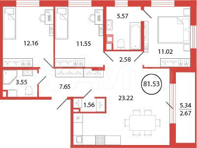 3-к. квартира, 81,5 м², 10/12 эт.