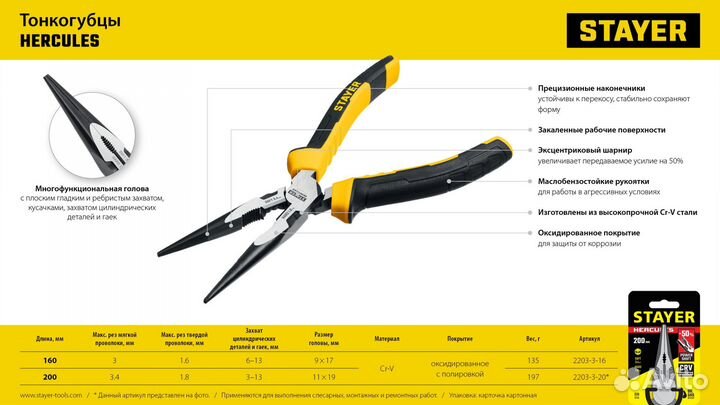 Тонкогубцы (2203-3-16), stayer Hercules, 160 мм