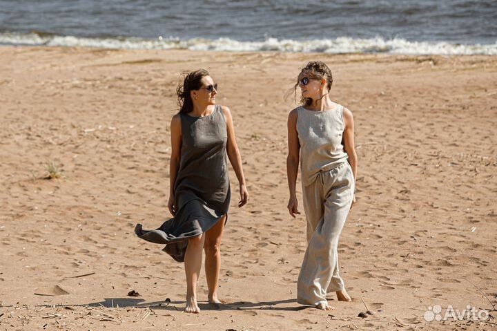 Льняное платье миди в цвете графит, XS-S