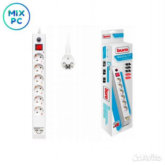 Сетевой фильтр Buro BU-SP1.8 USB 2A-W 1.8м (6 розе