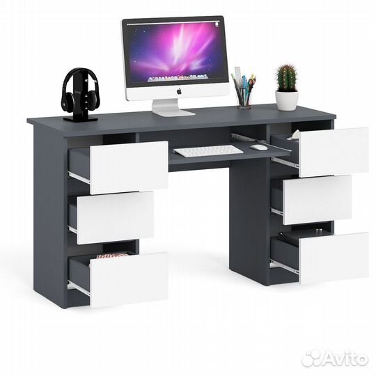 Компьютерный стол с двумя тумбами Мори мс-2, цвет графит/белый, шхгхв 135,4х50х76,6 см