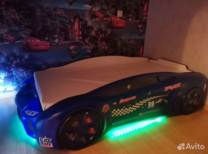 Детская кровать машинка с матрасом и подсветкой