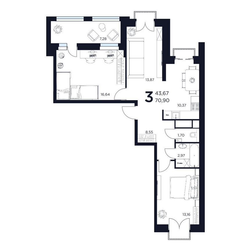 3-к. квартира, 70,9 м², 5/12 эт.