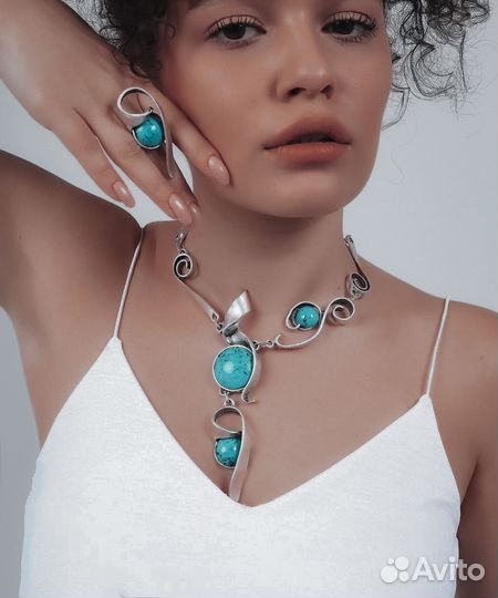 Бирюза кольцо и колье завитушки