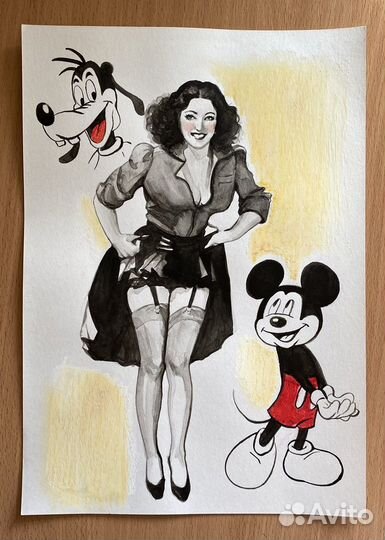 Пинап девушка в платье и чулках. Микки Маус. Гуфи
