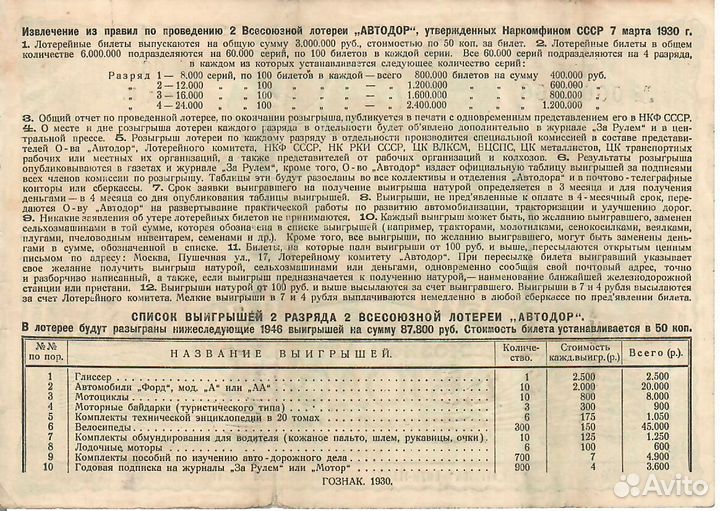 Билет Всесоюзной Авто-лотереи АВТОДОРА 1930 года