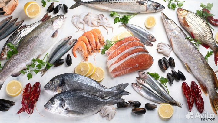Рыба скумбрия,сельдь,кета,семга,икра,креветки