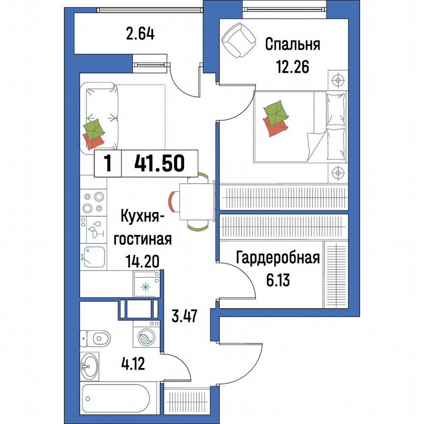 1-к. квартира, 41,5 м², 7/16 эт.