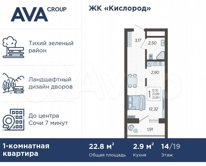Квартира-студия, 22,8 м², 14/19 эт.