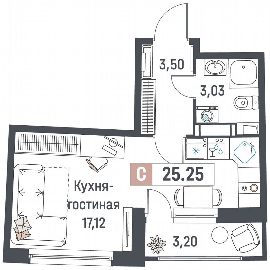 Квартира-студия, 25,3 м², 9/18 эт.