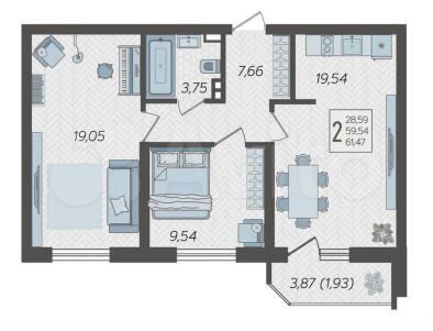 2-к. квартира, 61 м², 19/19 эт.