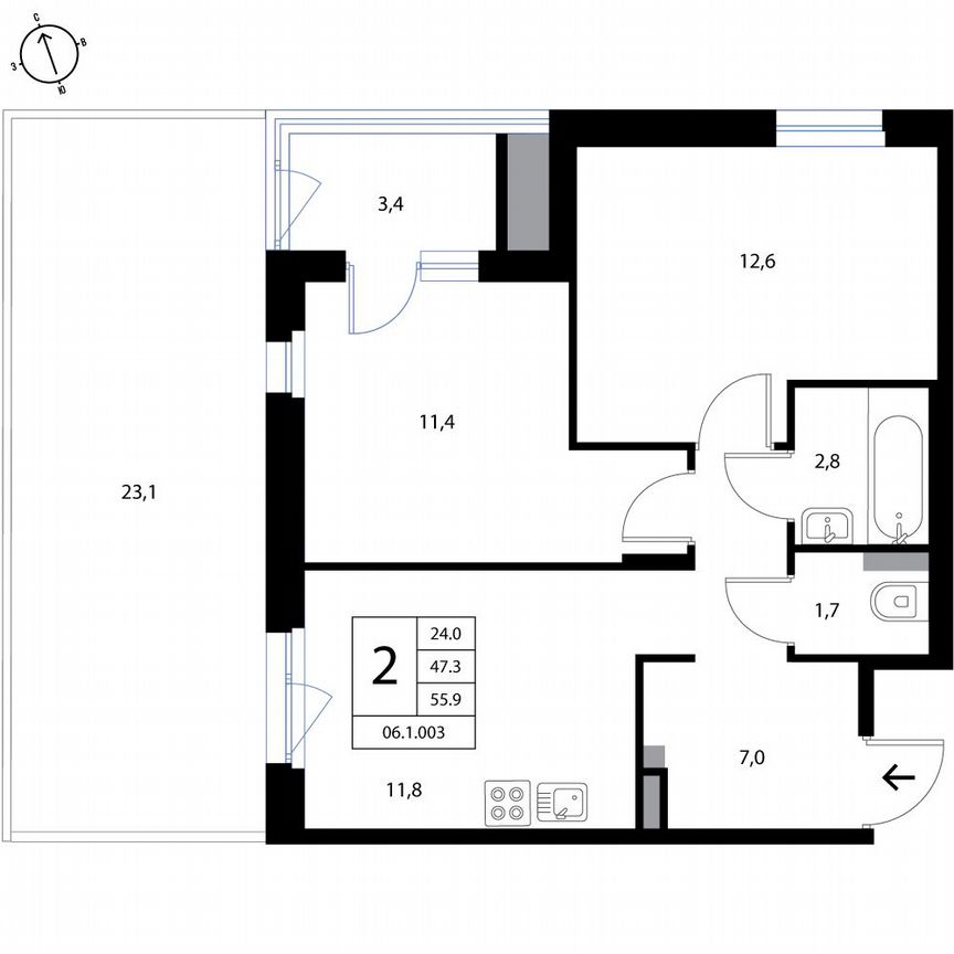 2-к. квартира, 55,9 м², 1/3 эт.