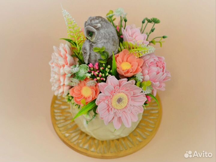Букет из мыльных цветов с совой ручной работы