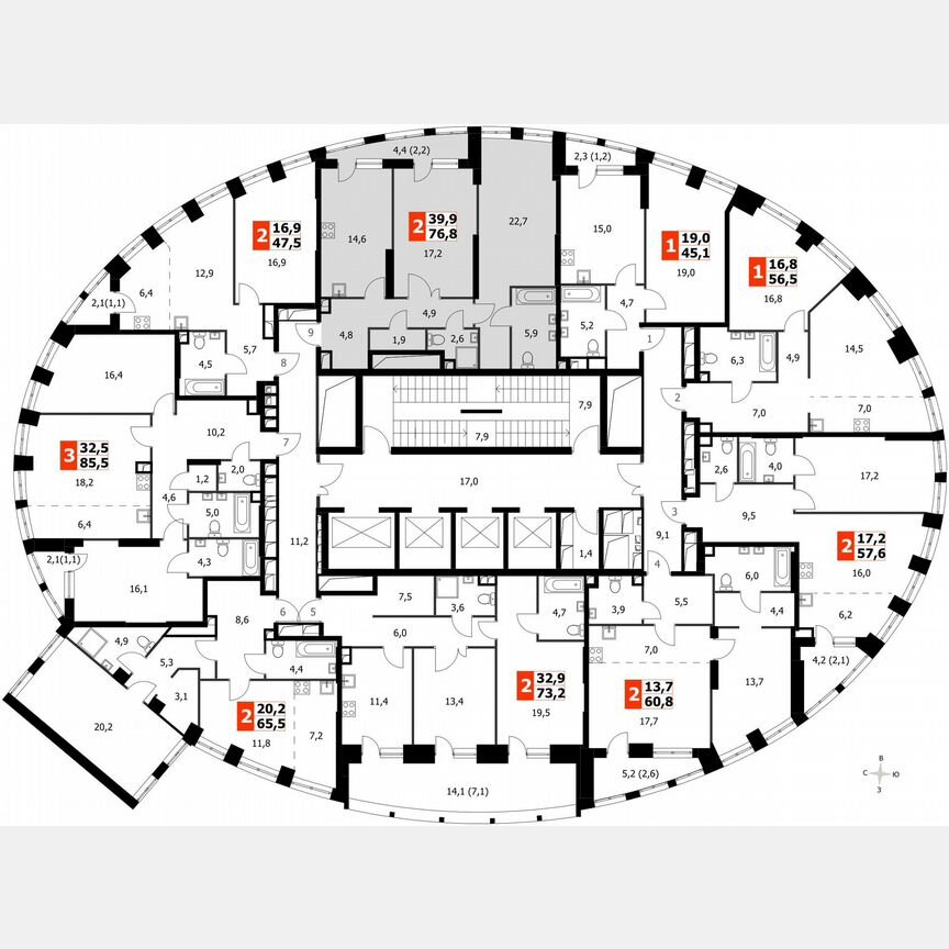 2-к. квартира, 76,8 м², 7/44 эт.