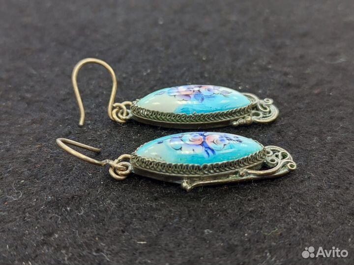 Серьги финифть цветы на голубом фоне