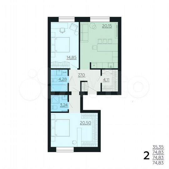 2-к. квартира, 74,8 м², 5/6 эт.