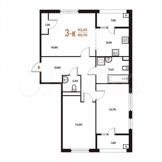 3-к. квартира, 85,7 м², 2/8 эт.