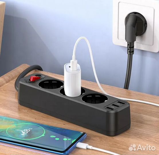 Сетевой фильтр hoco NS2 3 гнезда+3USB 1.8м 4000W