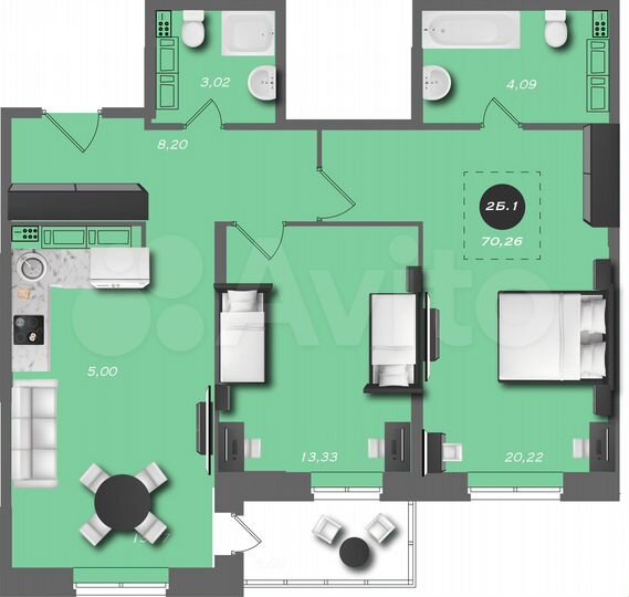 2-к. квартира, 70,3 м², 17/22 эт.