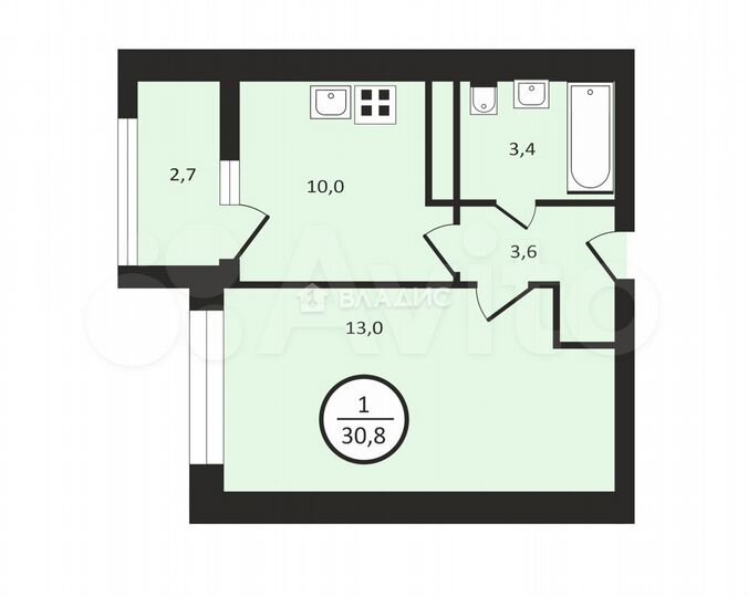 1-к. квартира, 30,6 м², 6/9 эт.