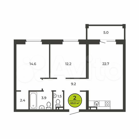 2-к. квартира, 69 м², 2/9 эт.