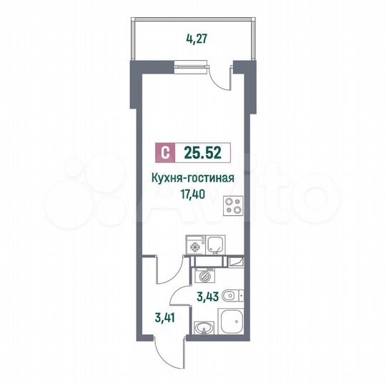 Квартира-студия, 25,5 м², 4/16 эт.