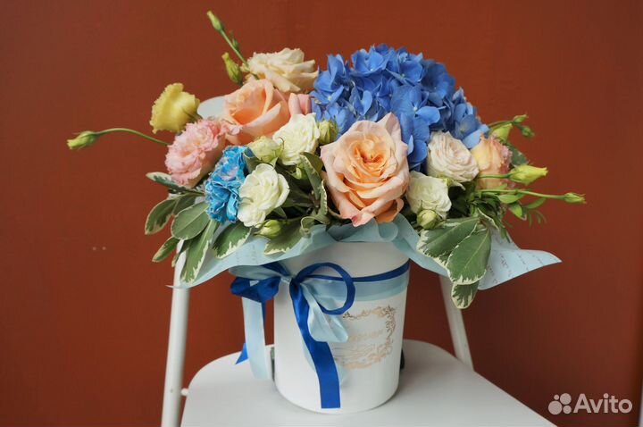 Цветы в коробке Гортензия Эустома Розы