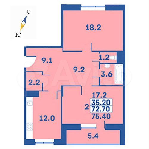 2-к. квартира, 75,4 м², 5/7 эт.