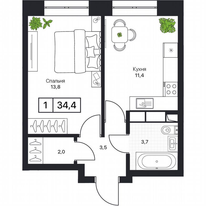 1-к. квартира, 34,4 м², 4/17 эт.