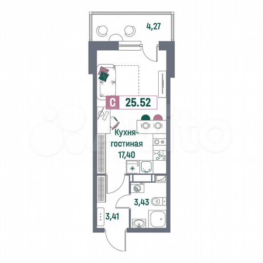 Квартира-студия, 25,5 м², 4/16 эт.