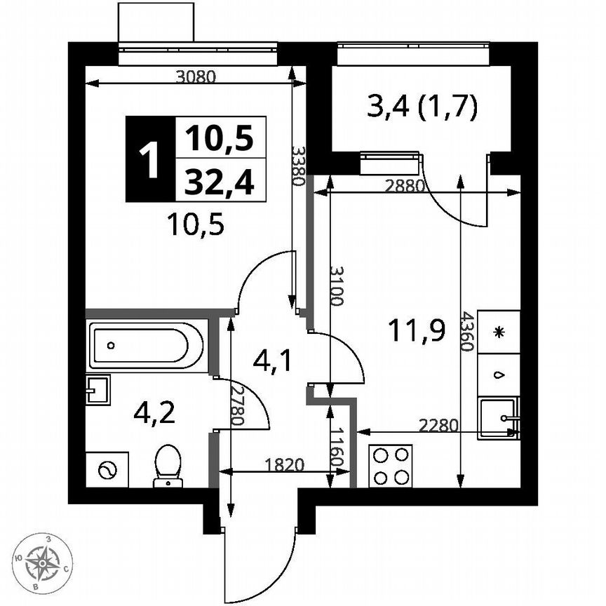 1-к. квартира, 32,4 м², 12/18 эт.
