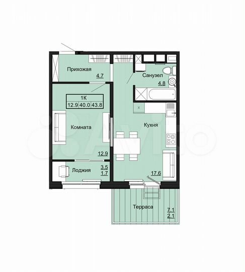 1-к. квартира, 43,8 м², 1/12 эт.