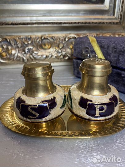 Соль перец на подносе, антикварный набор