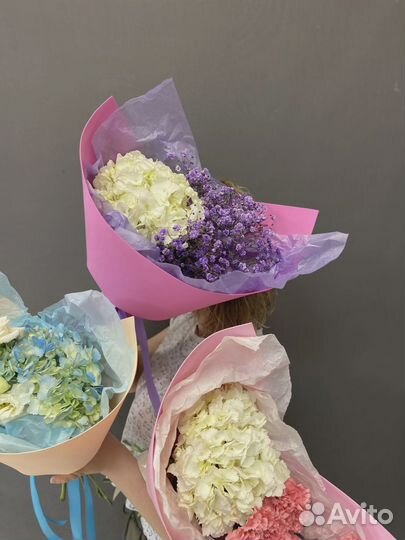 Дуо букет из Гортензии с Гипсофилой в фоамиране