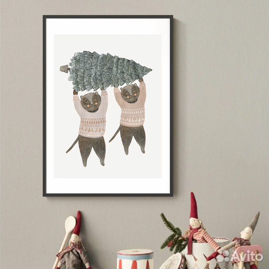 Постер новогодний с котами и ёлкой