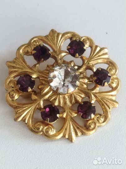 Позолоченная брошь с камушками СССР Чехословакия