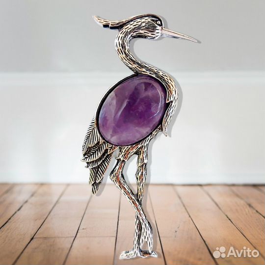 Брошь с аметистом натуральным Журавль Премиум клас