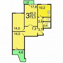 Комната 36,5 м² в 3-к., 3/16 эт.