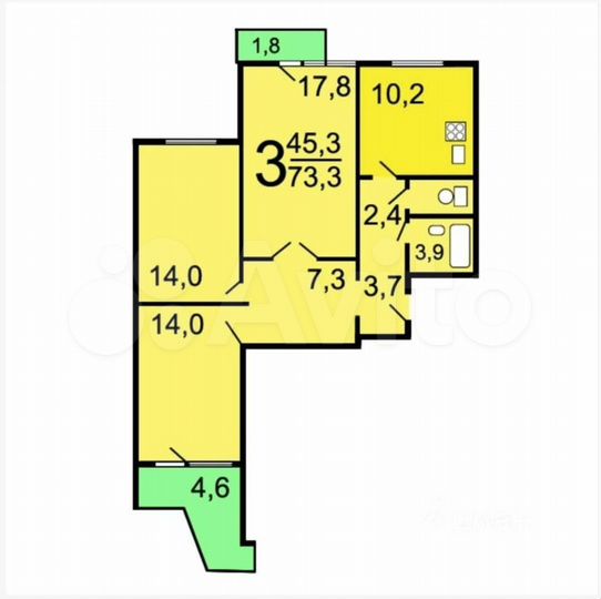 Комната 36,5 м² в 3-к., 3/16 эт.