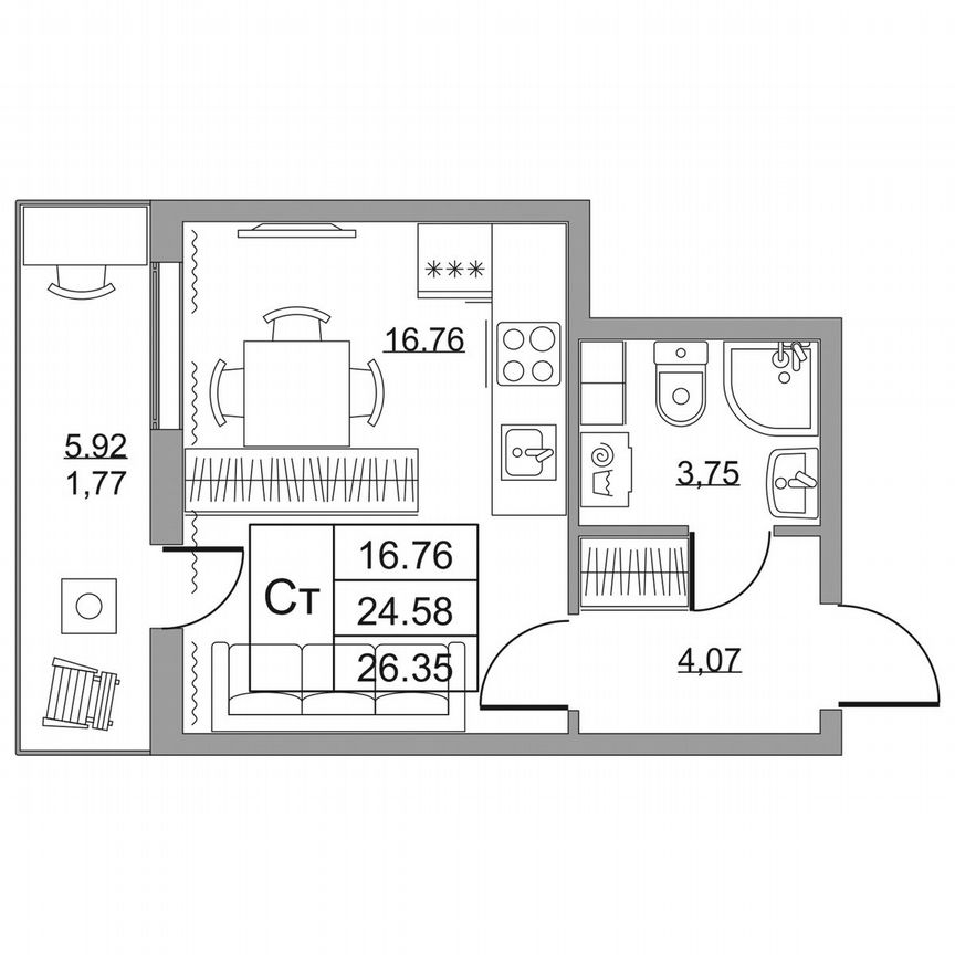 Квартира-студия, 26,4 м², 5/19 эт.