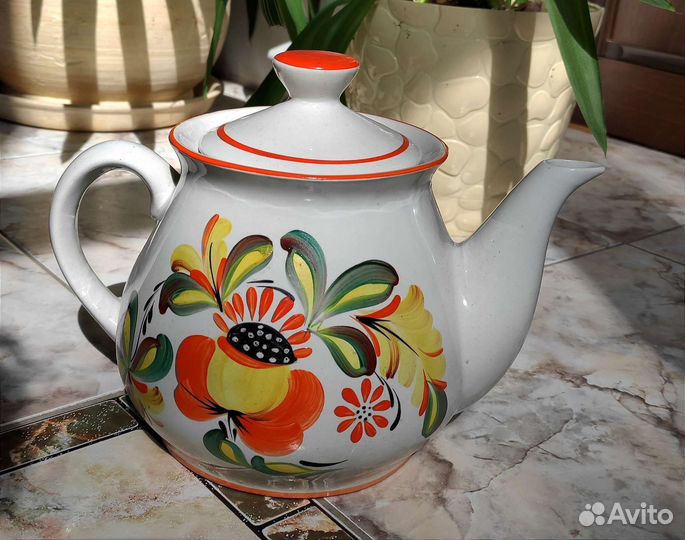 Винтажный советский фарфоровый чайник, Цветы, ручн