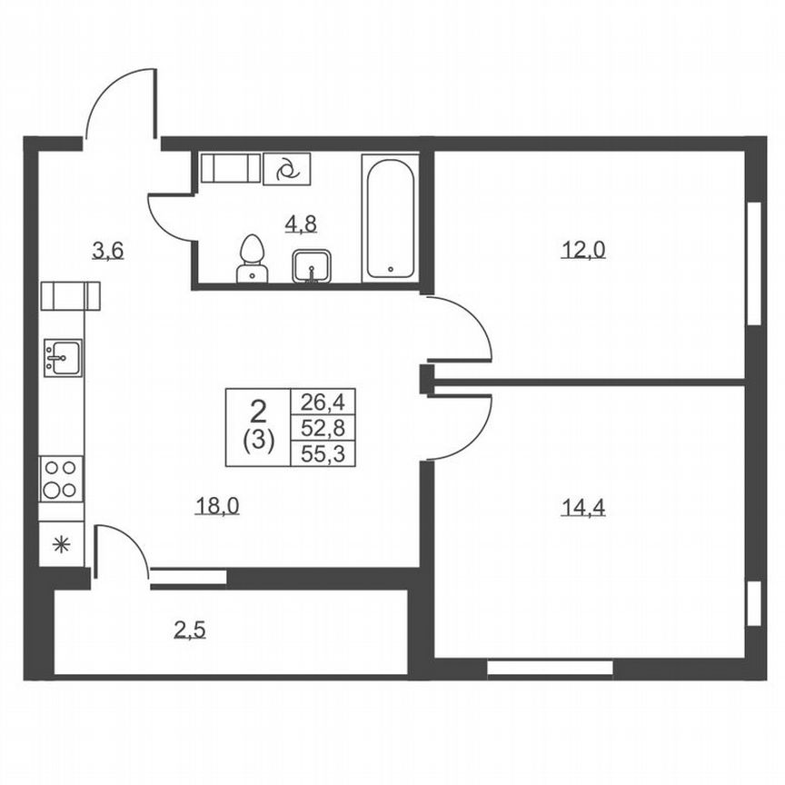 2-к. квартира, 55,3 м², 4/8 эт.