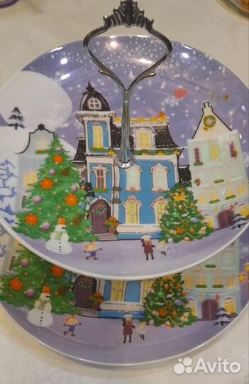 Тарелка этажерка двухярусная Новогодний город