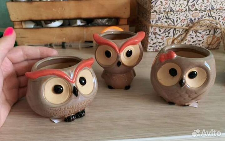 Горшок Сова филин ракушки керамический