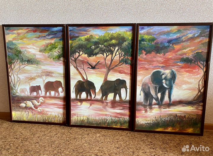 Картина маслом пейзаж Слоны