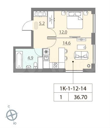 1-к. квартира, 36,7 м², 13/15 эт.