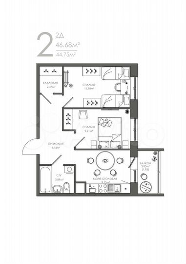 2-к. квартира, 47 м², 5/8 эт.