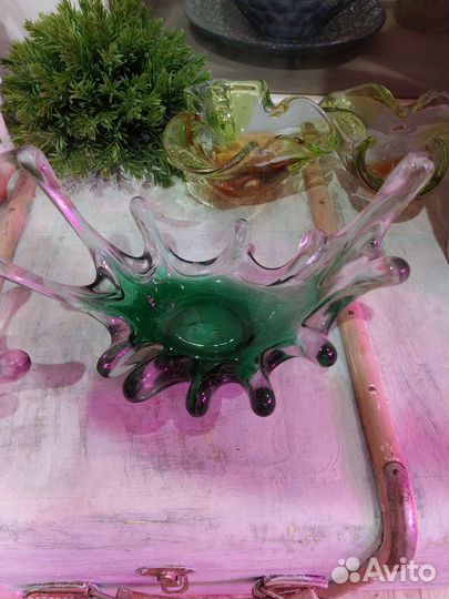 Ваза для фруктов цветное стекло Чехия