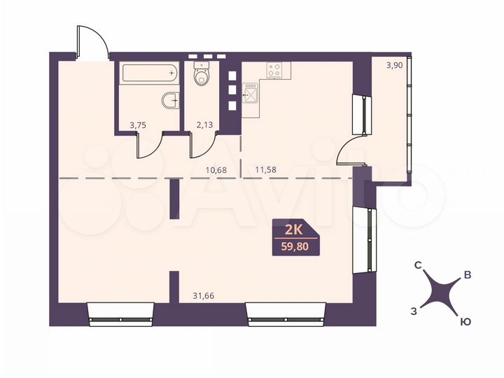 2-к. квартира, 59,8 м², 20/24 эт.