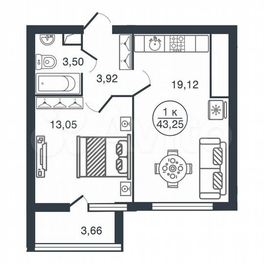1-к. квартира, 43,3 м², 16/17 эт.